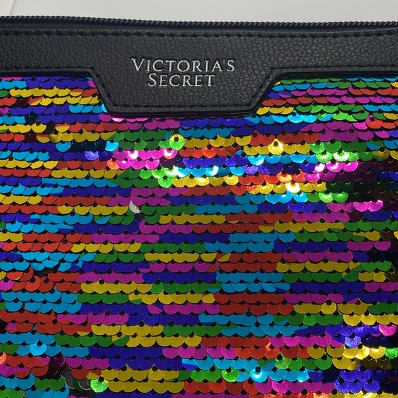 Victoria’s Secret Rainbow Sequin/Black Faux Pebbled Leather Cosmetic Bag/NWOT - Picture 3 of 5